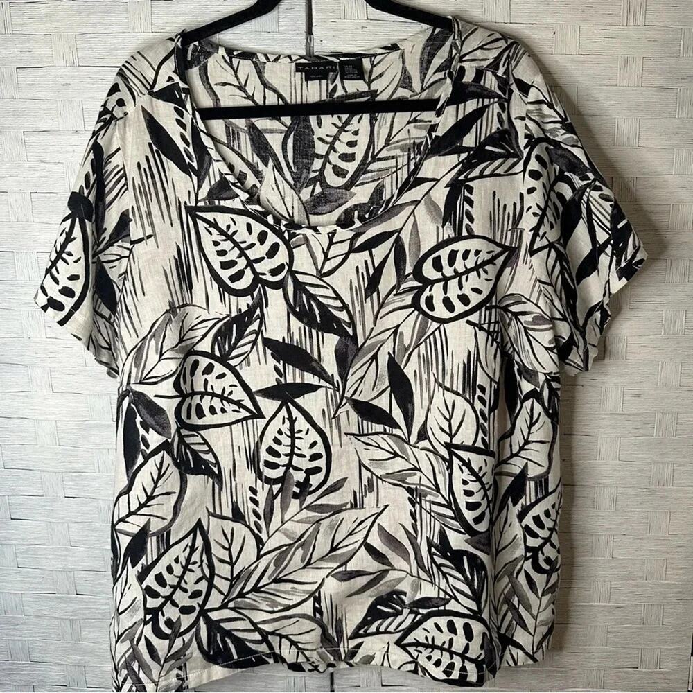 Tahari Women's Leaf Print 100% Linen Short Sleeve Shirt Lightweight plus size